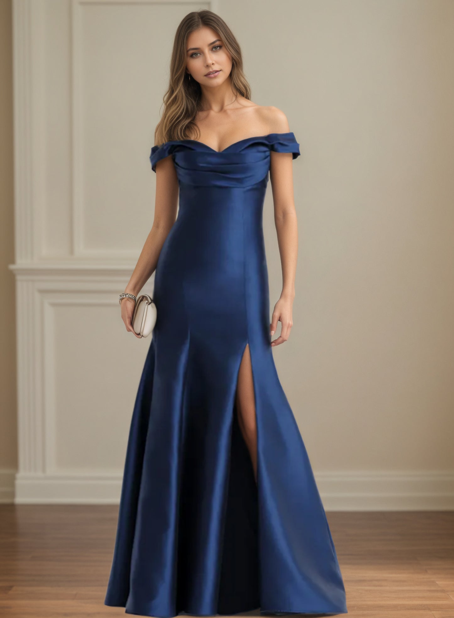 Elegant Navy Blue Off-Shoulder Mermaid Satin Mother of the Bride Dress MG001