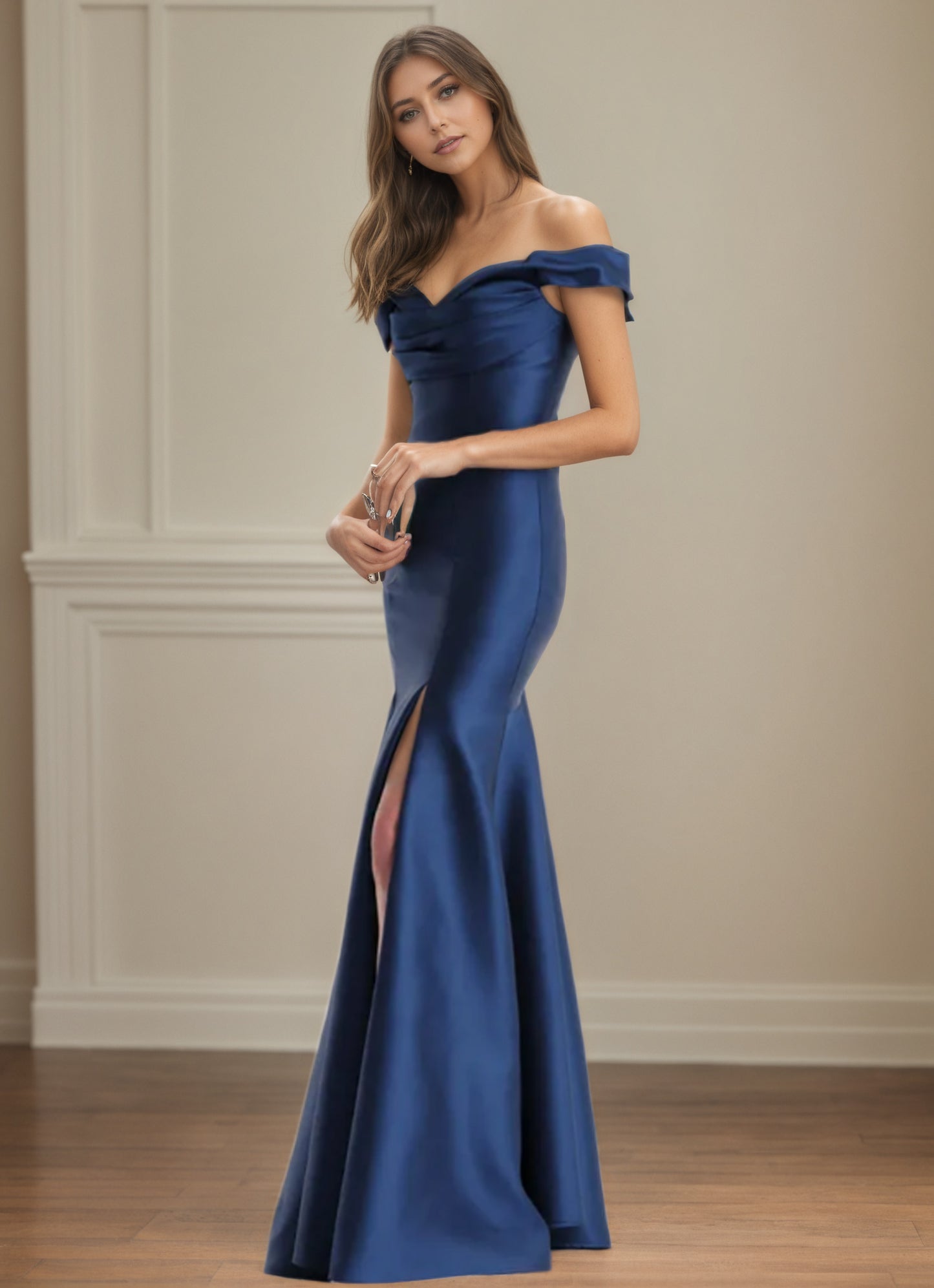 Elegant Navy Blue Off-Shoulder Mermaid Satin Mother of the Bride Dress MG001