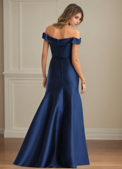 Elegant Navy Blue Off-Shoulder Mermaid Satin Mother of the Bride Dress MG001