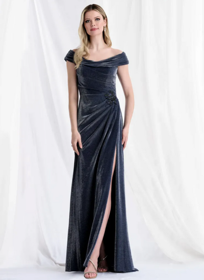Graceful Navy Off-Shoulder Beaded Velvet Mother of the Bride MG002