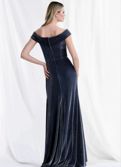 Graceful Navy Off-Shoulder Beaded Velvet Mother of the Bride MG002