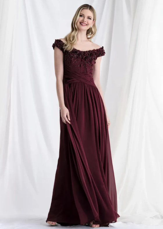 Elegant Cabernet 3D Beaded Floral Chiffon Pleated Mother of the Bride Dress MG003