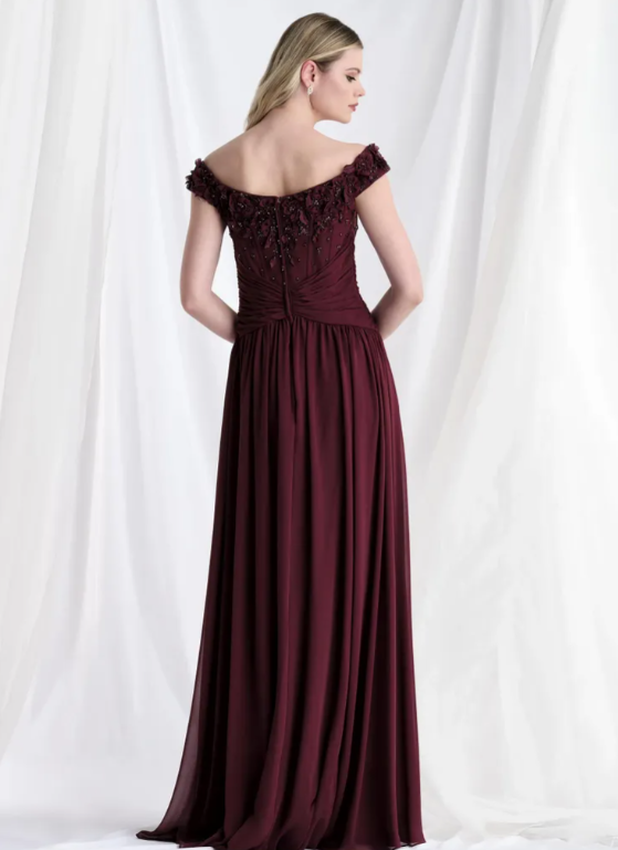 Elegant Cabernet 3D Beaded Floral Chiffon Pleated Mother of the Bride Dress MG003
