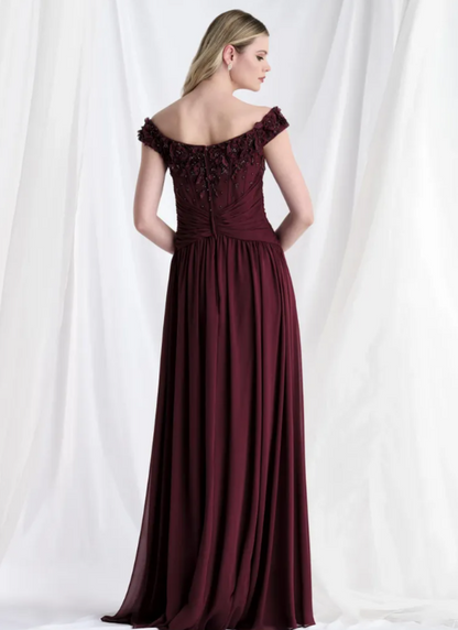 Elegant Cabernet 3D Beaded Floral Chiffon Pleated Mother of the Bride Dress MG003