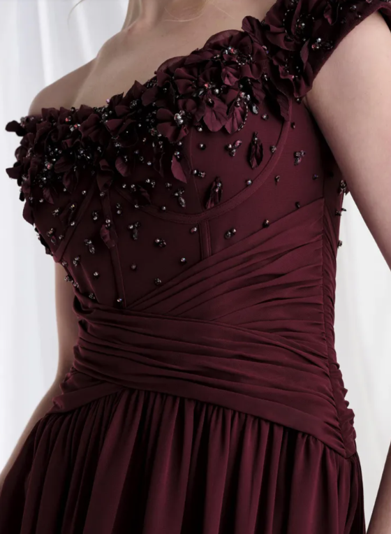 Elegant Cabernet 3D Beaded Floral Chiffon Pleated Mother of the Bride Dress MG003