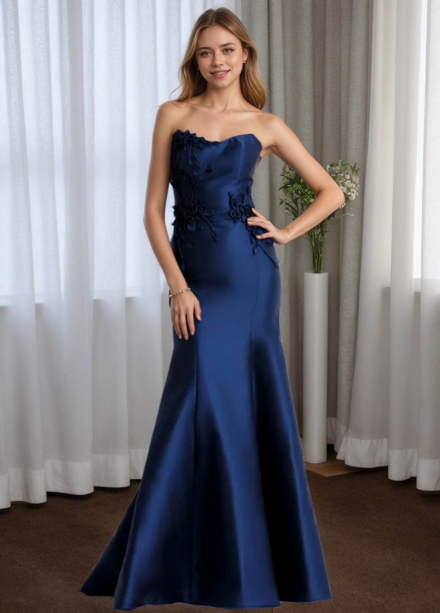 Classic Embroidered Navy Blue Satin Mother of Groom with Overskirt MG004