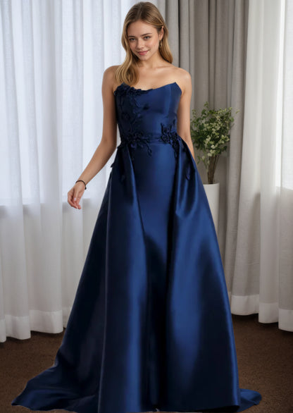 Classic Embroidered Navy Blue Satin Mother of Groom with Overskirt MG004