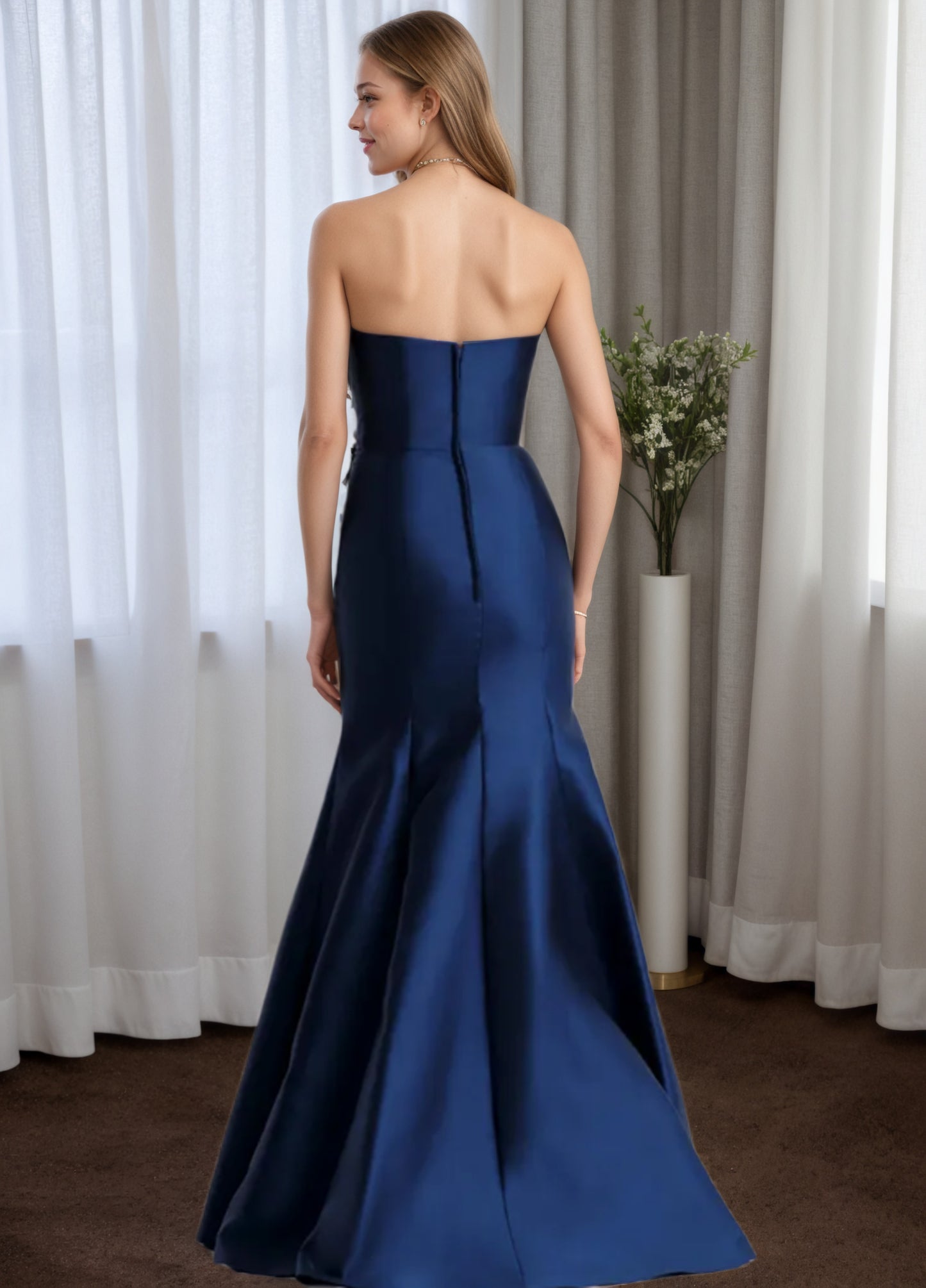Classic Embroidered Navy Blue Satin Mother of Groom with Overskirt MG004