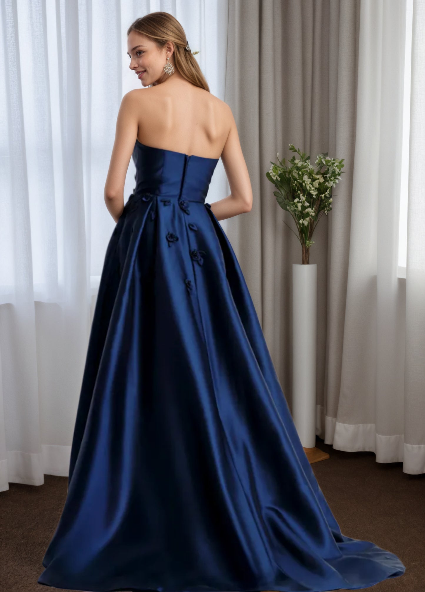 Classic Embroidered Navy Blue Satin Mother of Groom with Overskirt MG004