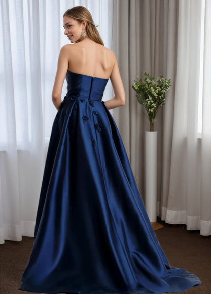 Classic Embroidered Navy Blue Satin Mother of Groom with Overskirt MG004