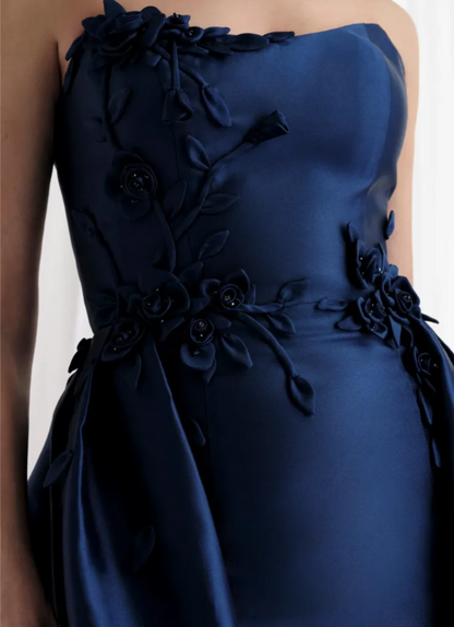Classic Embroidered Navy Blue Satin Mother of Groom with Overskirt MG004