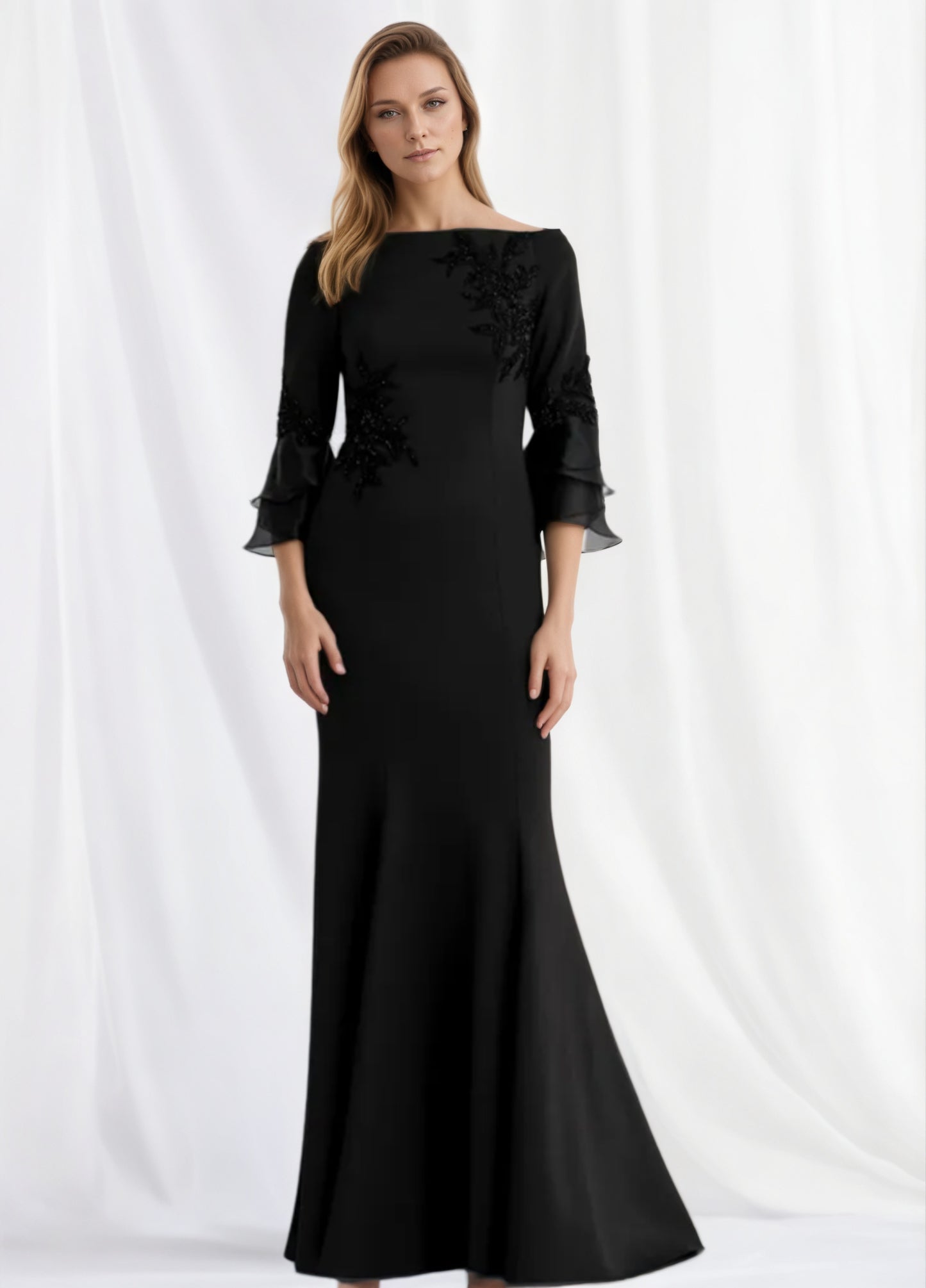 Chic Beaded Embroidered Black Satin Evening Dress Mother of Groom MG005