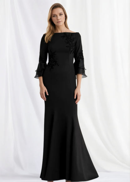 Chic Beaded Embroidered Black Satin Evening Dress Mother of Groom MG005