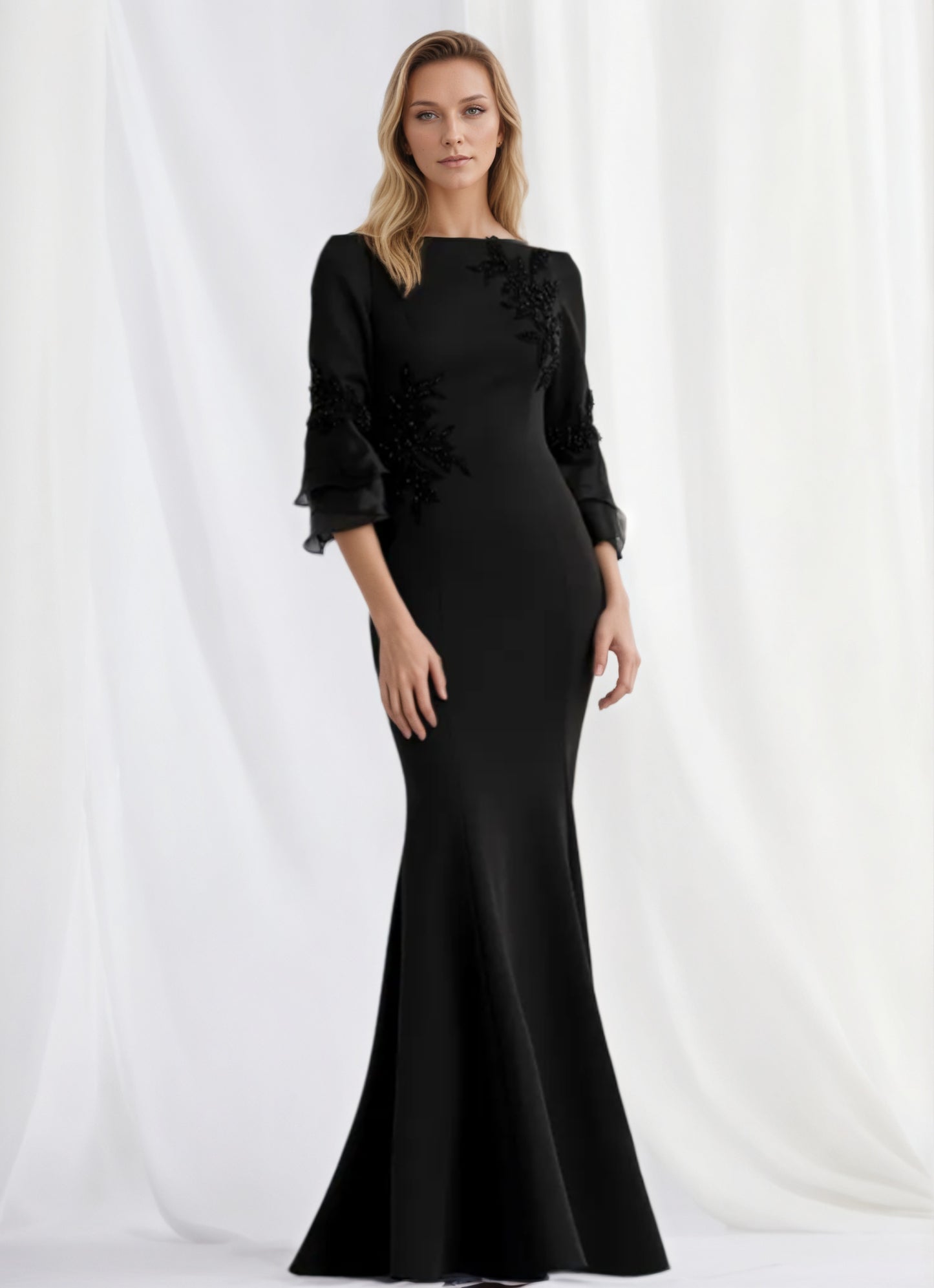 Chic Beaded Embroidered Black Satin Evening Dress Mother of Groom MG005