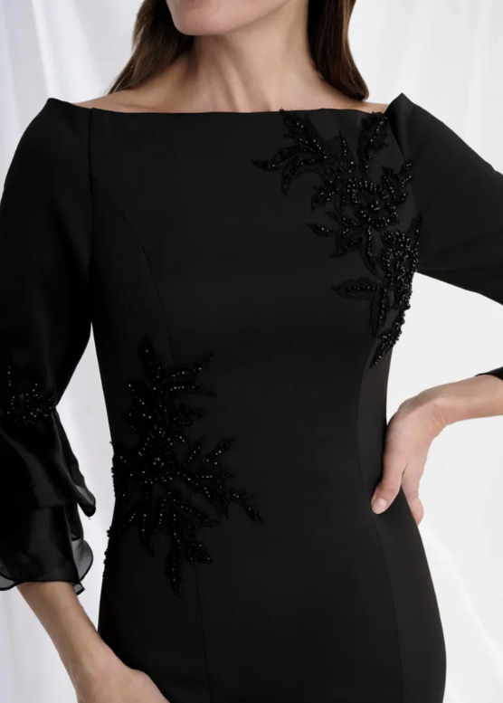 Chic Beaded Embroidered Black Satin Evening Dress Mother of Groom MG005