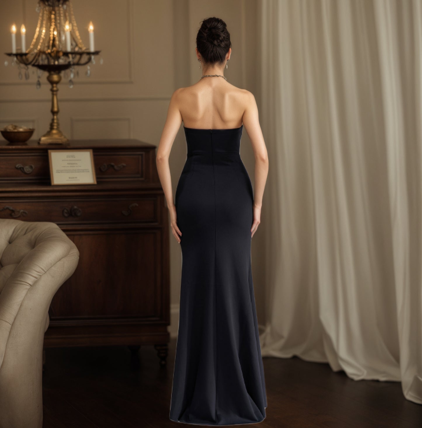 Classic Beaded Sweetheart Sheath Pleats Satin Prom Formal Dress with Slit SP046