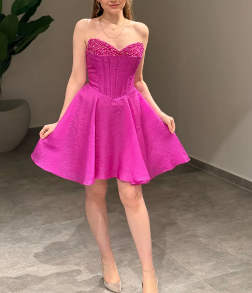 Graceful Pearls Sweetheart Fuchsia A-Line Mini Homecoming Dress HM019