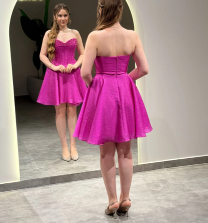 Graceful Pearls Sweetheart Fuchsia A-Line Mini Homecoming Dress HM019
