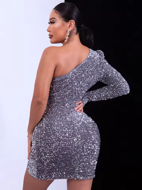 Sparkly Burgundy Asymmetrical One Sleeve Sequin Homecoming Dress HM028