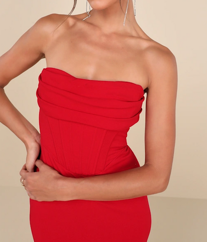 Chic Red Tube Top Sleeveless Sheath Ruched Mini Satin Party Dress HM030