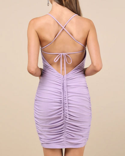 Simple Lavender Scoop Neck Ruched Mini Slip Dress Party Gown HM033
