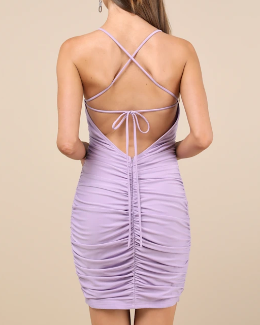 Simple Lavender Scoop Neck Ruched Mini Slip Dress Party Gown HM033