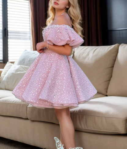 Pincess Pink Off-Shoulder A-Line Sequin Mini Dress with Pearls HM046