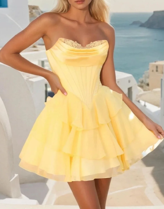 Elegant Yellow A-Line Sweetheart Tiered Homecoming Dress HM047