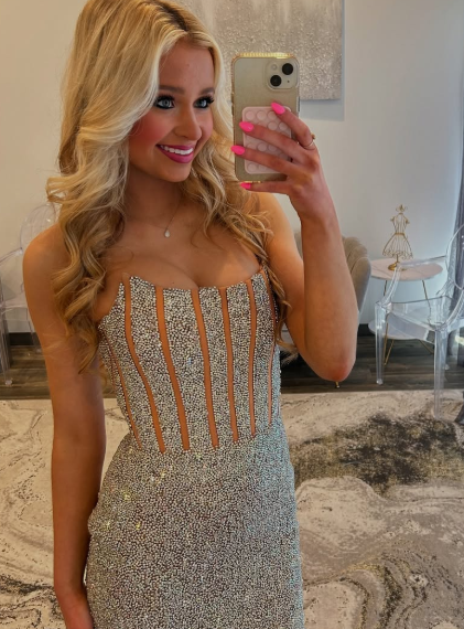 Sparkly Beaded Silver Strapless Bodycon Mini Dress Party Gown HM054