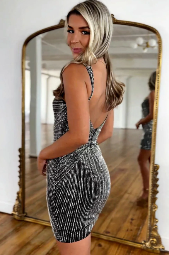 Sexy Beaded Black Bodycon Homecoming Dress with Cut Outs HM062