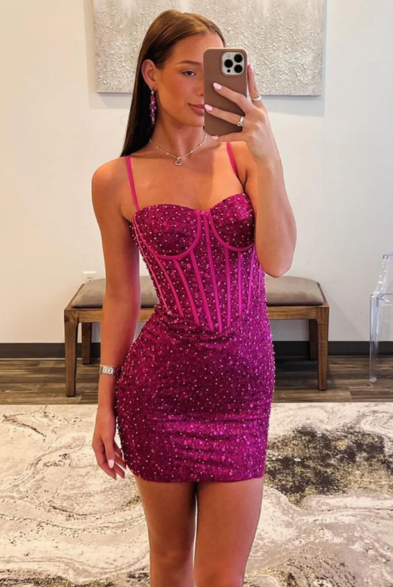 Sparkly Beaded Bodycon Purple Sequin Homecoming Dress HM067