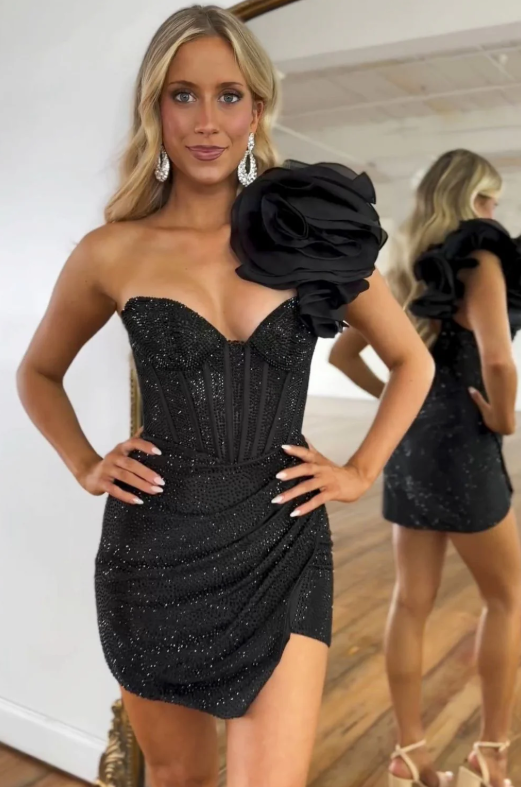 Elegant 3D Floral Beaded Black Bodycon Mini Dress Party Gown HM068