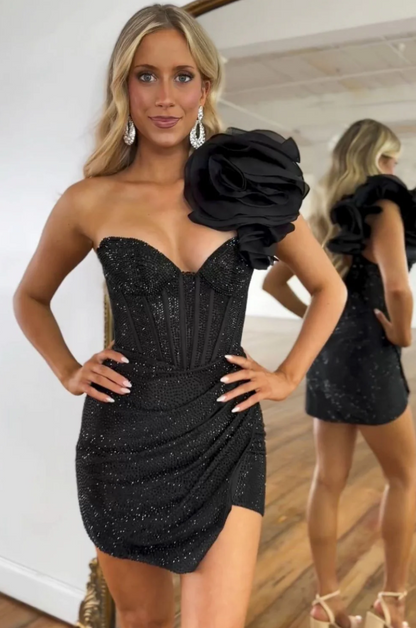 Elegant 3D Floral Beaded Black Bodycon Mini Dress Party Gown HM068