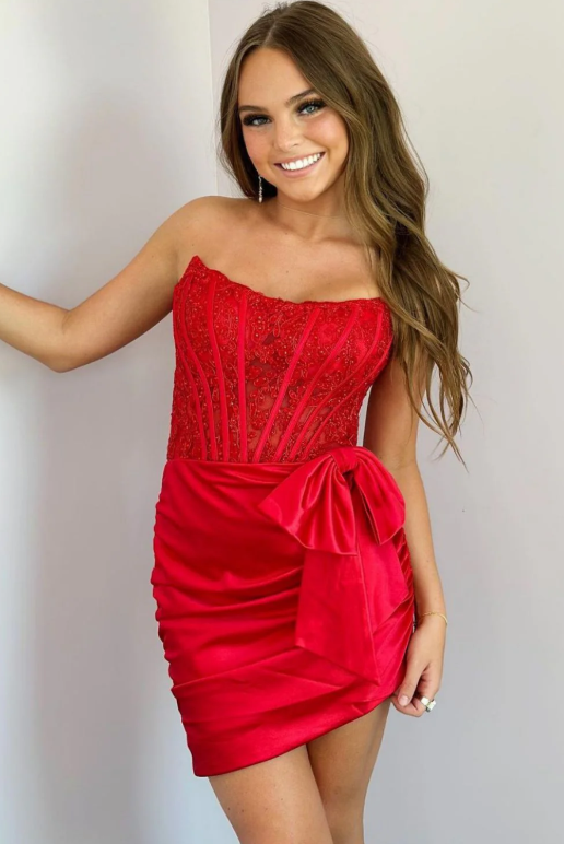 Classic Strapless Red Appliques Satin Homecoming Dress with Bow HM076