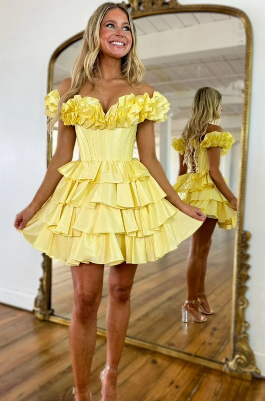 Chic Yellow Off-Shoulder A-Line Tiered Satin Homecoming Gown HM077