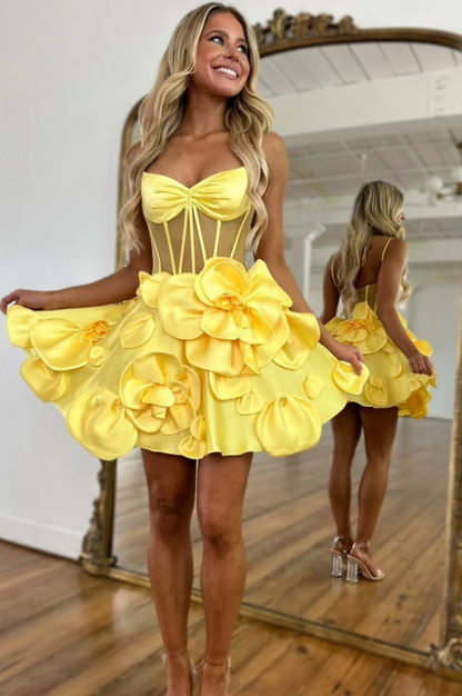 Graceful 3D Floral Pink A-line Satin Short Homecoming Dress HM094