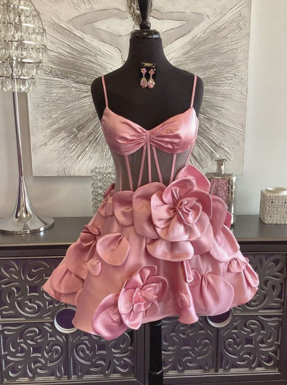 Graceful 3D Floral Pink A-line Satin Short Homecoming Dress HM094