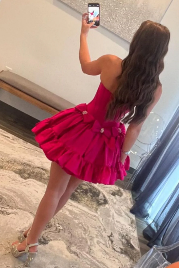 Elegant Beaded White A-Line Tiered Ruffle Satin Party Gowns with Bows HM095