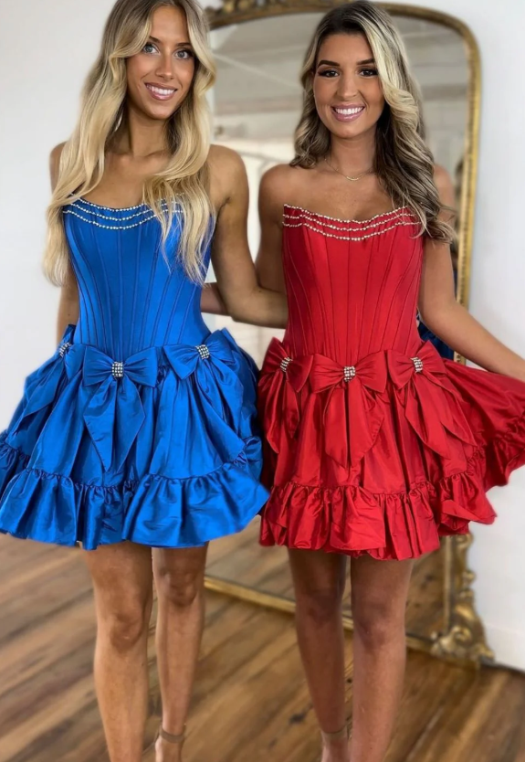 Elegant Beaded White A-Line Tiered Ruffle Satin Party Gowns with Bows HM095