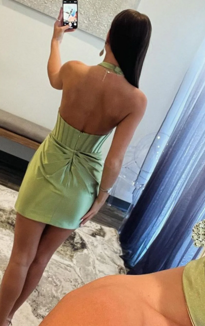 Classic Cross-Neck 3D Floral Sage Green Bodycon Homecoming Gown HM096