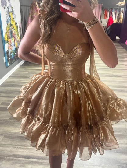 Elegant Champagne Sweetheart A-Line Homecoming Gown with Bow HM097