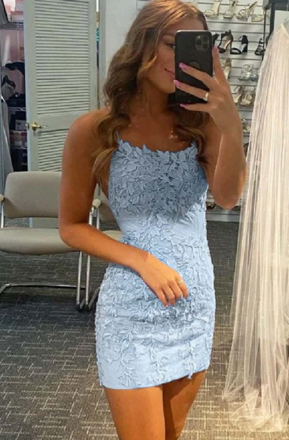 Graceful Lilac Appliques Tight Party Gown Mini Slip Dress HM105