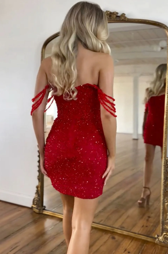 Elegant Strapless Red Bodycon Beaded Cocktail Dress HM108