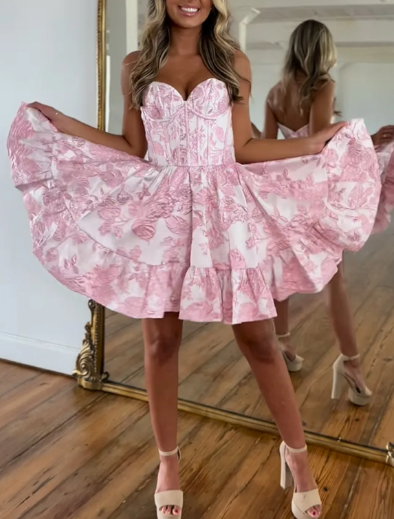 Graceful Pink Printed Sweetheart A-Line Ruffle Mini Party Gown HM111