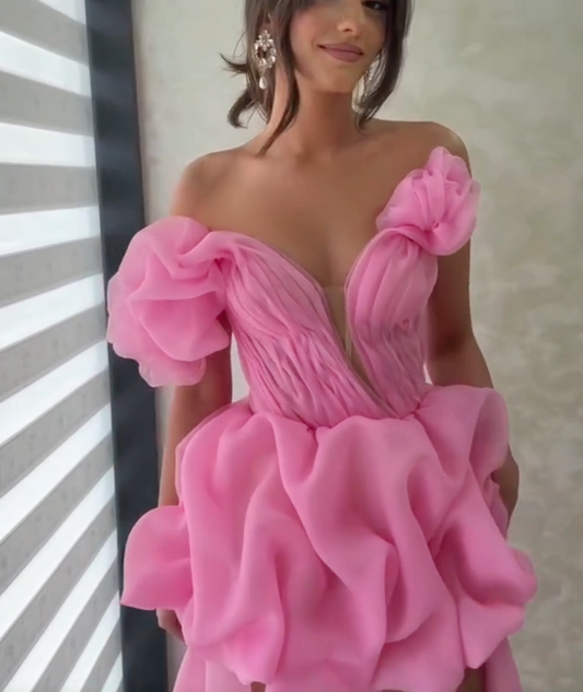 Princess Pink One Shoulder Pleated Mini Homecoming Dress with Overskirt HM112