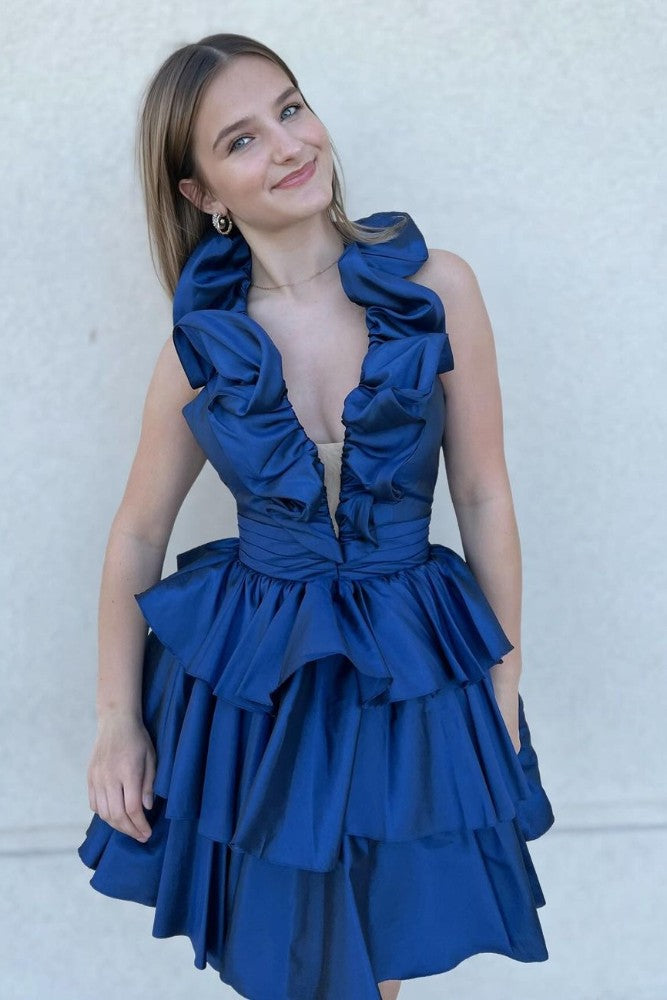 Elegant Red Halter Ruffle Tiered Homecoming Dress HM123