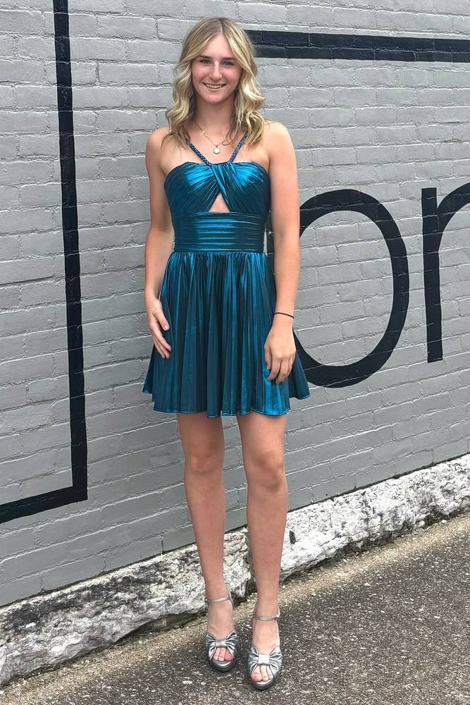 Sliver Metallic Spaghetti Strap A-Line Homecoming Dress HM124