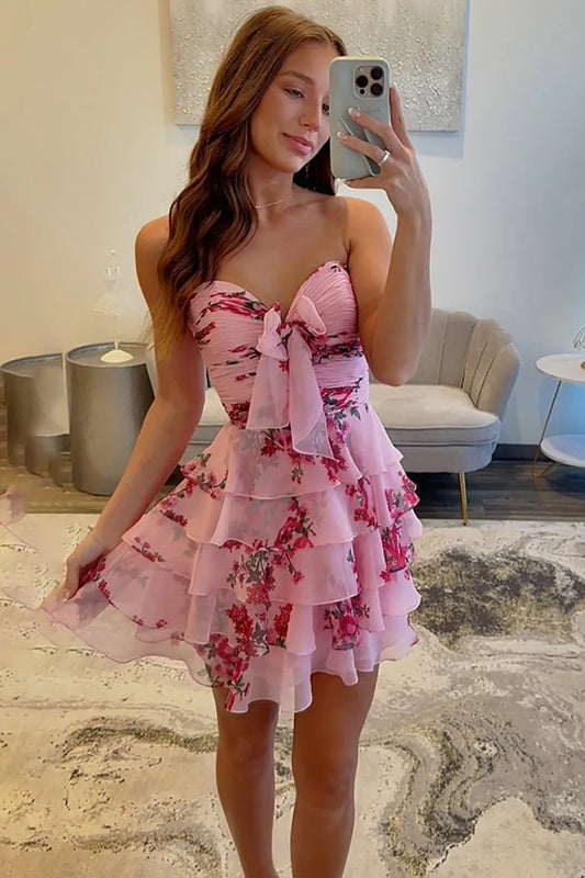 Elegant Appliques Pink A-Line Tiered Mini Homecoming Dress with Bow HM036