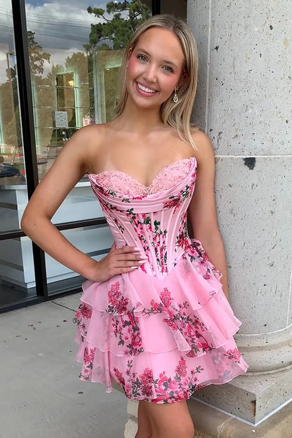 Elegant Pink Printed Sweetheart A-Line Pleats Homecoming Dress HM041