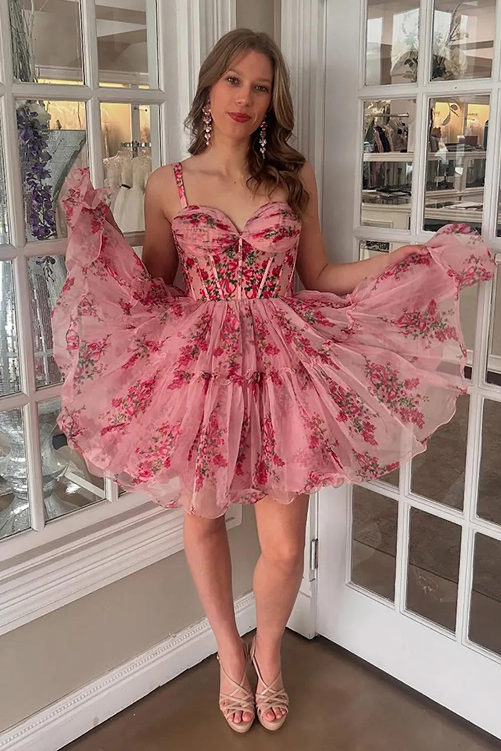 Elegant Pink Sweetheart A-Line Homecoming Dress with Printed HM042
